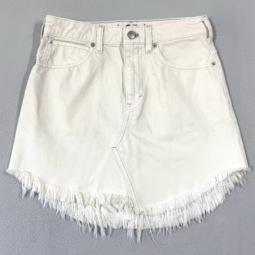 We The Free‎ People Skirt Womens 25 Bailey Fringe Raw Hem Denim Jean Cream Boho